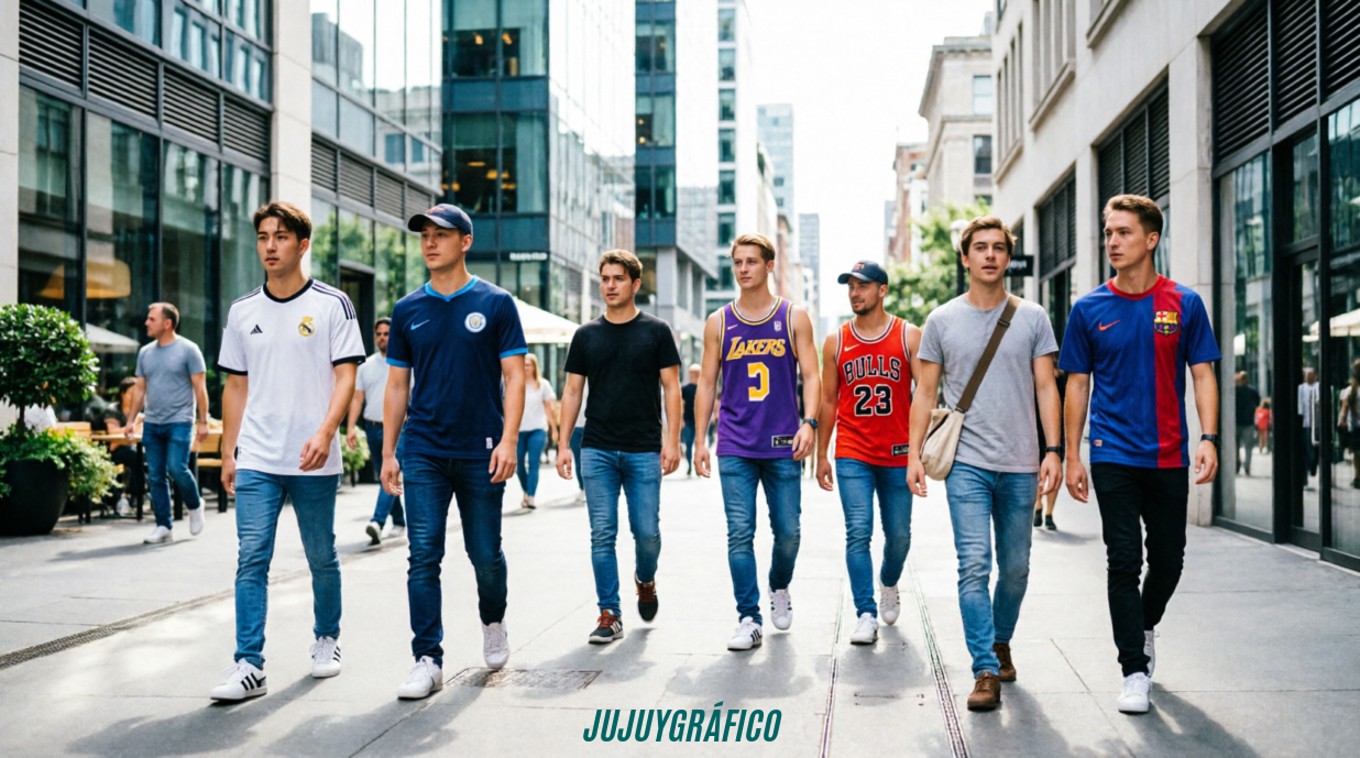 ¿Cómo elegir las mejores camisetas de futbol baratas y la camiseta baloncesto ideal para vestir la pasión de los grandes ídolos del deporte? 15 Grupo de jóvenes en un entorno urbano vistiendo camisetas de fútbol europeas y camisetas de baloncesto de la NBA como parte de la tendencia de moda blokecore, mostrando cómo la indumentaria deportiva se ha convertido en un fenómeno cultural y de estilo callejero Cómo elegir las mejores camisetas de futbol baratas y la camiseta baloncesto ideal para vestir la pasión de los grandes ídolos del deporte 3